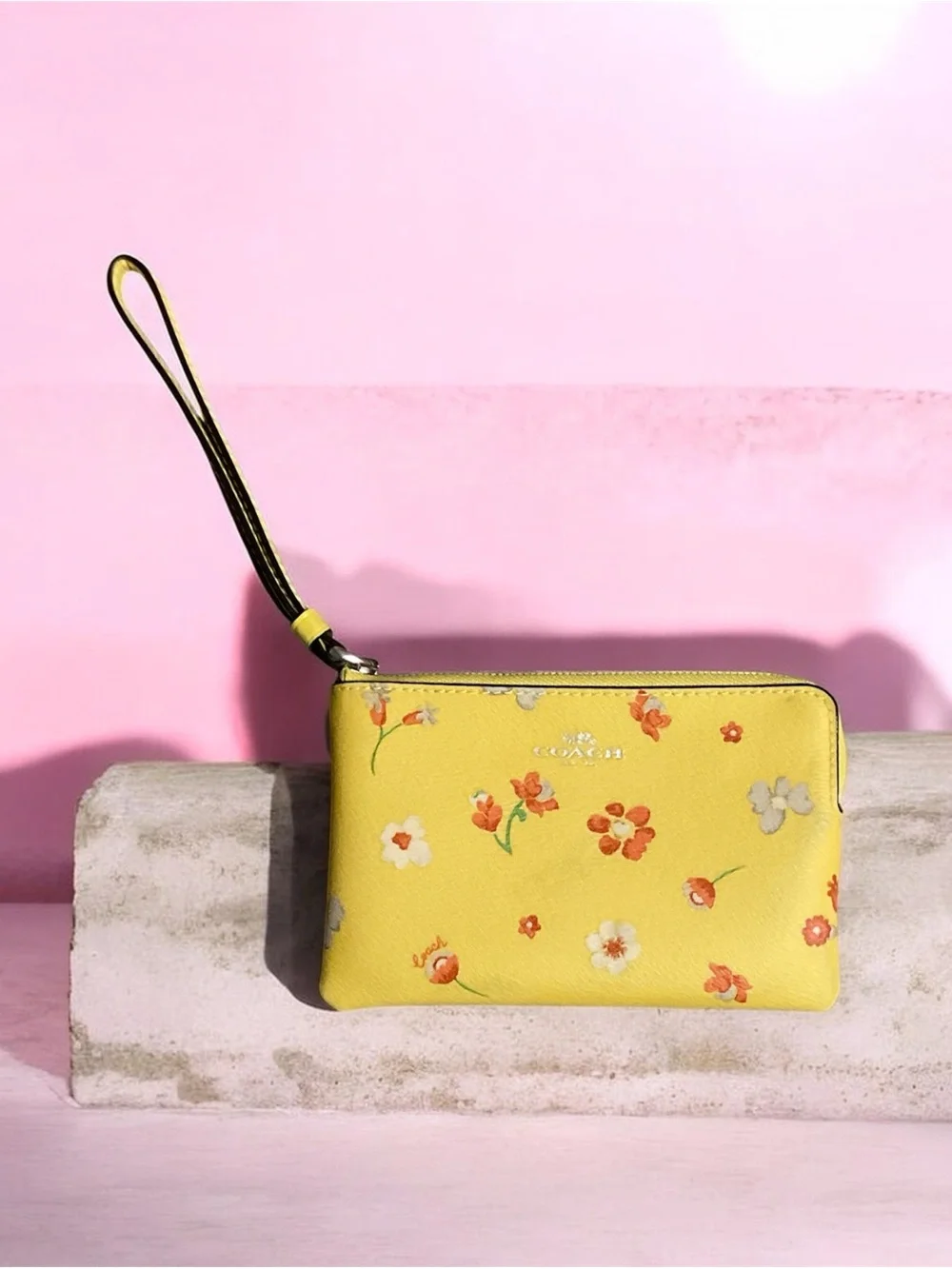 Coach Yellow Floral Wristlet Clutch with Orange and White Accents